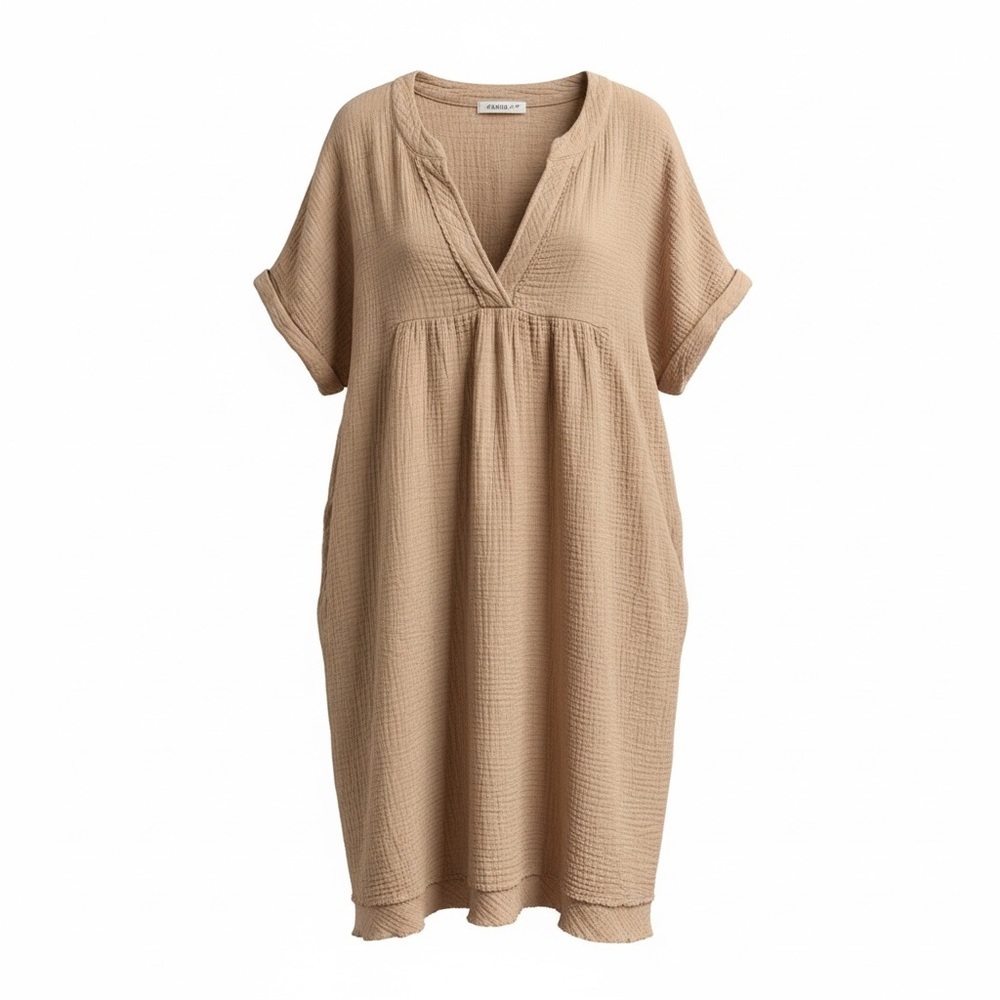 Zenana Women’s Casual Loose Short Sleeve V Neck 100% Cotton Gauze Dress